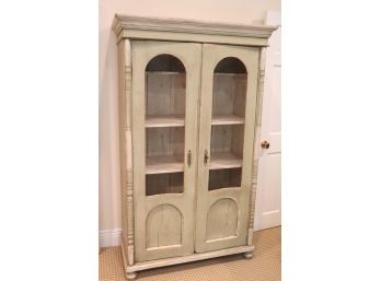 Painted Light Green Shabby Chic Bakers Cabinet With Chicken Wire Inlay Doors