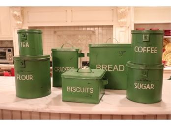 Distressed Green & Cream Tin Various Shaped Canister Set – Set Of 7