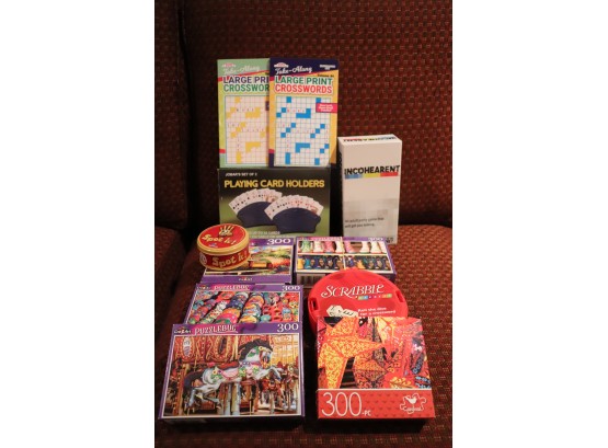 Lot Of Assorted Games And Puzzles Includes Spot It, Incohearent & Scrabble