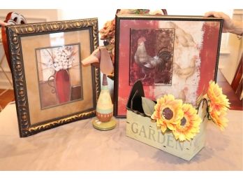 Decorative Items Includes Rooster Picture, Garden Box And Dog Sculpture