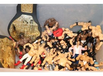 Mixed Lot Of Assorted Wrestling Figures Includes Toy Belts, Turtle Truck, Batman Cars And Darth Vader