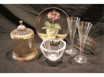 Mixed Lot Includes 2 Tiffany & Co. Champagne Flutes, Signed Plate, Brass Detail Jar
