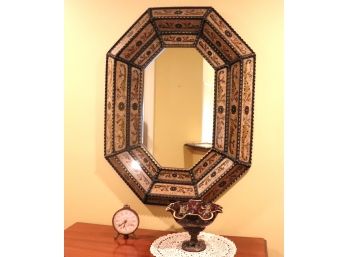Stunning Wall Mirror With Exotic Pattern And Decorative Clock &  Bowl