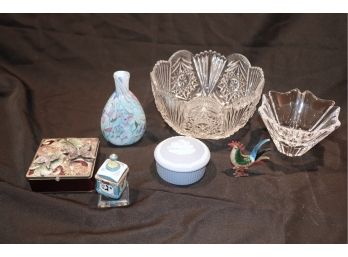 Decorative Lot Includes Quality Cut Crystal Bowls, Wedgewood Box, Blown Glass Bottle & More