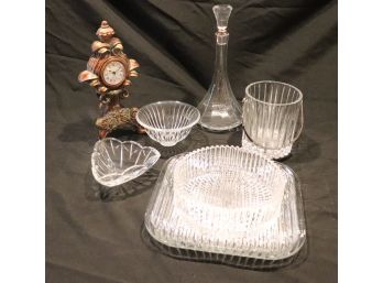 Lot Of Assorted  Crystal Items Includes Decanter, Ice Bucket, Serving Dishes And Clock