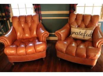 Pair Of Leather Tufted Arm Chairs With Studding