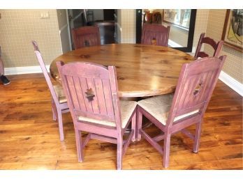 Large 66' Round Wood Table  With Finished Edge And 6 Country Style Chairs With Rush Seats