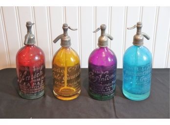 Lot Of 4 Decorative Seltzer Bottles With Colored Etched Glass