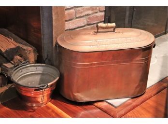 Get Ready For Winter! Copper Firewood Basket Tin Lined With Lid And Small Pail