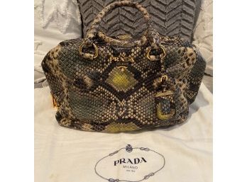 PRADA Pre-Used Python Green Deerskin Leather Handbag