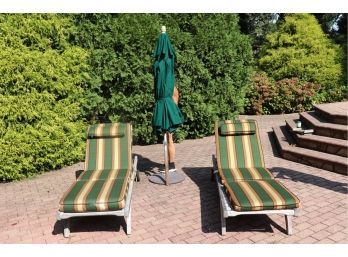 Set Of Barlow Tyrie Adjustable Teak Outdoor Lounge Chairs With Cushions & Sunbrella Umbrella