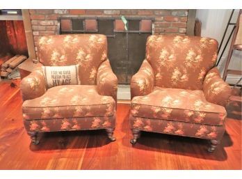Pair Of Custom Made Brown Floral Arm Chairs With Casters