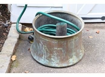 Vintage 18 ' Copper Metal Hose Reel Bucket And Hose