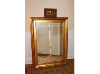 Large Gold Wall Mirror With Small Equestrian Oil Painting