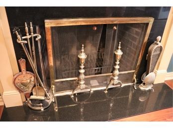 Fireplace Accessories Includes Brass Andirons,Tools, Screen And French Style Fan Screen