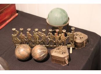 Mixed Lot Of Decorative Items Includes Brass Boxes And Menorah