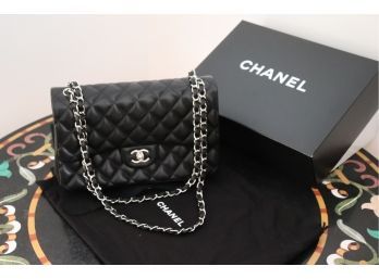 Fabulous Chanel 11 3/4' L Classic Black Calf Leather Handbag In Like New Condition! Used 2x's