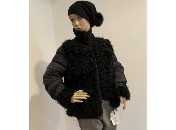 MONCLER Black Down And Shearling Wmns Jacket Size Lg With Free Cashmere Hat
