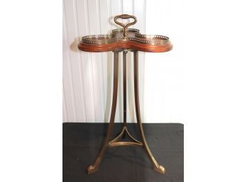 Wood Clover Shaped Side Table With Brass Base, Handle And Gallery Rail