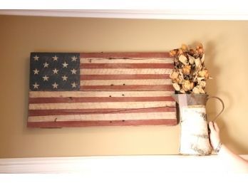 American Flag Made From Reclaimed Wood With Decorative Pitcher