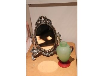 Silverplated Mirror With Decorative Green Vase