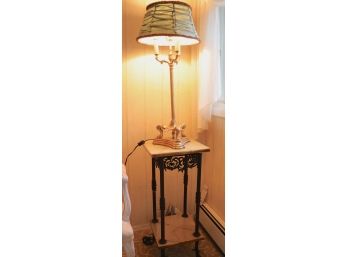 Vintage Ornate Iron And Onyx Pedestal Table With Lamp, Table Has Repair To Bottom Shelf