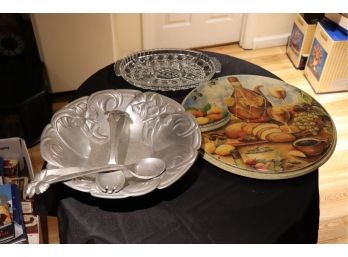 Lazy Susan Serving Tray And Large Metal Bowl With Serving Utensils