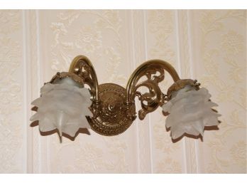 Pair Of Frosted Floral Wall Sconces With Brass Finish