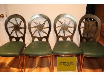 Set Of 8 Metal And Green Vinyl Chairs With Sun Design On Backrest