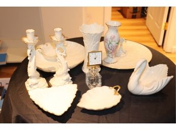 Large Lennox Lot Including Candlesticks, Vases , Swan, Serving Dishes, Small Clock