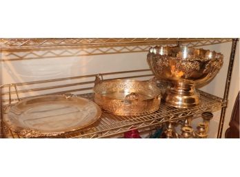 Lot Of 3 Decorative Plated Serving Pieces Includes Large Punch Bowl And Serving Dishes (Middle Shelf Only)