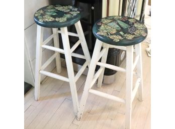 Pair Of Hand Painted Harvest And Wine Motif Counter Stools