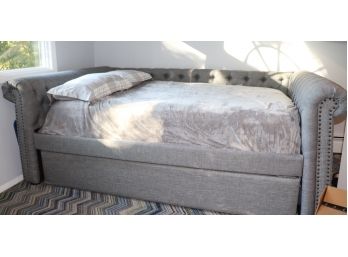 Large Full Size Trundle Bed With Tufted Back And Studding On Front Of Arm Includes Sleepy's Essential Mat