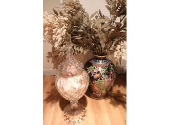 Beautiful Floral Cloisonne Vase With Tall Decorative Glass Jar