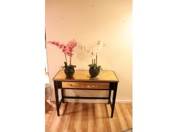 Black And Gold Lacquered Floral Painted Console Table With Decorative Plants