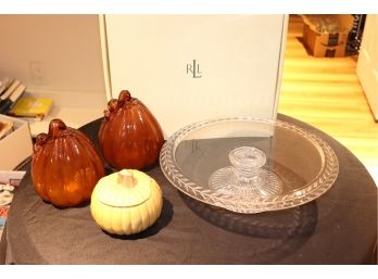 Large 14' Ralph Lauren Crystal Cake Dish With Decorative Glass And Ceramic Pumpkins