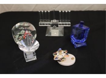 Lot Of Assorted Crystal Pieces Includes Menorah, Dreidel, And Paperweight