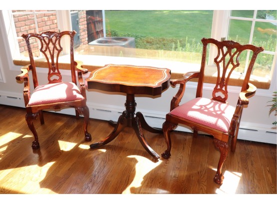Vintage Mahogany Leather Top Side Table With Carved Chippendale Style Chairs With Claw Feet