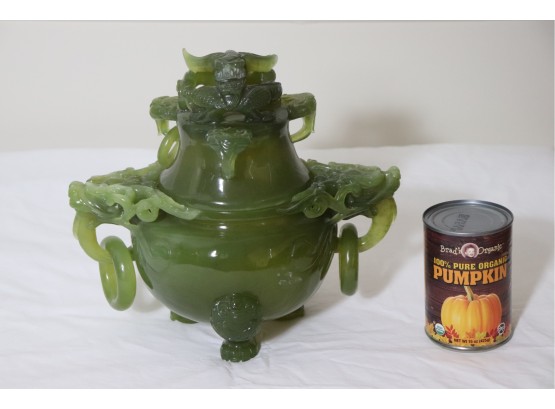 Beautiful Large Antique Asian Hand Carved Jade Censer On Carved Stand Some Damage