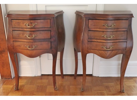Pair Of Vintage Burl Wood Top Bombay Chests With Drawers And Brass Detail