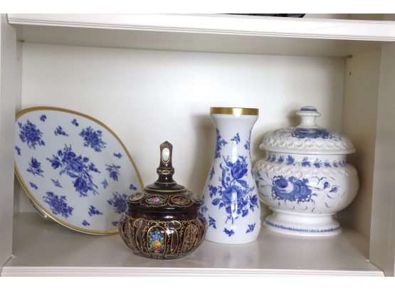 Lot Of Blue And White Decorative China Includes Bavaria Stamped Vase & Bareuther Germany Cake Stand