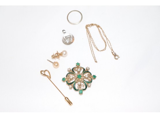Women's Jewelry Lot Includes 14KT White Gold Ring, 14K Yg Broche, Sterling Chai Pendant, 14K  HeartStick Pin