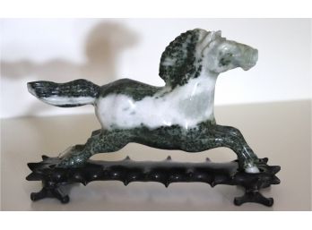 Two Tone Carved Spinach Jade Horse On Stand