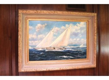 Signed Maritime Oil On Canvas In Gold Ornate Wood Frame, Signed By Artist