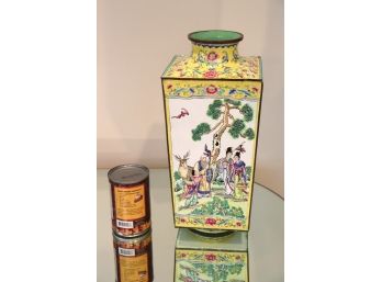 Vintage Asian Enameled Vase With Floral Pattern And Japanese Country Side Landscapes