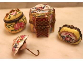 Lot Of 4 Signed Miniatures Includes Limoge France Trinket Box With Mini Bottles And Umbrella