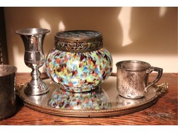 Fun Colorful Blown Glass Jar With Cups And Vintage Mirror Perfume Tray
