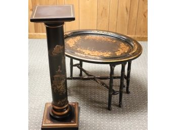 Decorative Asian Painted Pedestal With Bamboo Style Serving Tray Table