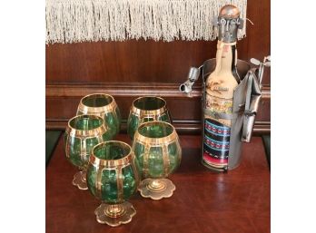 Set Of 5 Green Cognac Glasses With Golf Caddie Liquor Bottle Holder