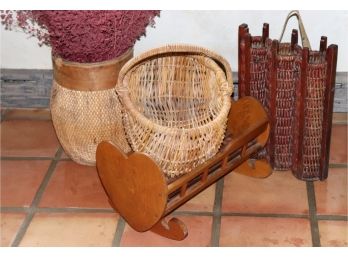 Vintage Wicker Fishing Basket With Heart Shaped Wood Baby Doll Cradle And Basket